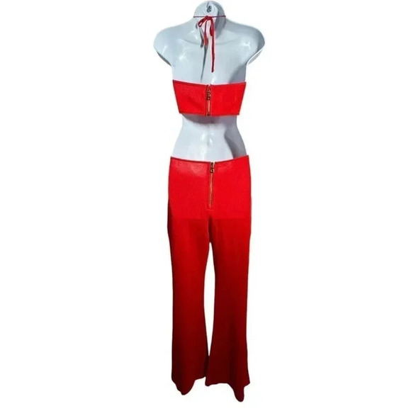 Balmain red knit cut out jumpsuit size 38  Flared Halter Runway 2015 US size 6 - Picture 5 of 16